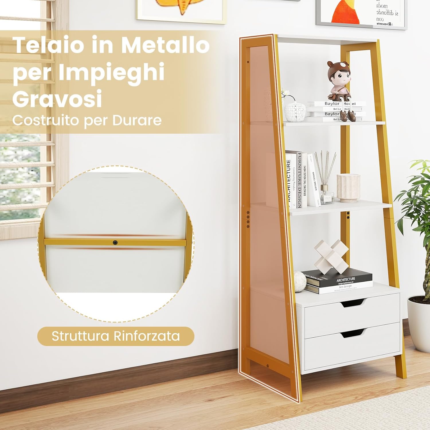 Scaffale a Scala, Libreria in Legno a 4 Ripiani con 2 Cassetti, Scaffale Salvaspazio da Terra per Camera da Letto, Studio, Ufficio e Soggiorno, 52 x 39,5 x 134 cm (Bianco)