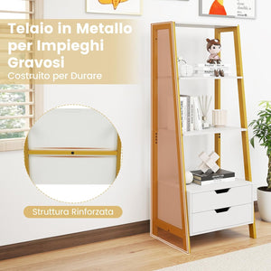 Scaffale a Scala, Libreria in Legno a 4 Ripiani con 2 Cassetti, Scaffale Salvaspazio da Terra per Camera da Letto, Studio, Ufficio e Soggiorno, 52 x 39,5 x 134 cm (Bianco)