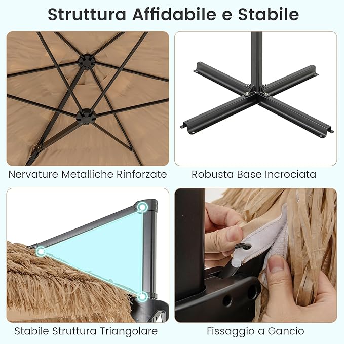 Ombrellone da Spiaggia 283 cm, Ombrello Tiki di Paglia in PE con Base, Ombrellone Sospeso Hawaiano per Giardino Piscina Terrazza