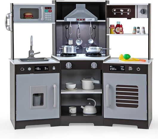 Cucina Giocattolo per Bambini, Cucina Legno per Bambini Con Forno, Microonde, Macchina del Ghiaccio, Macchina per Caffè, Lavello e Rubinetto, Con Suoni e Luci, per Bambini 3+ Anni (Marrone)