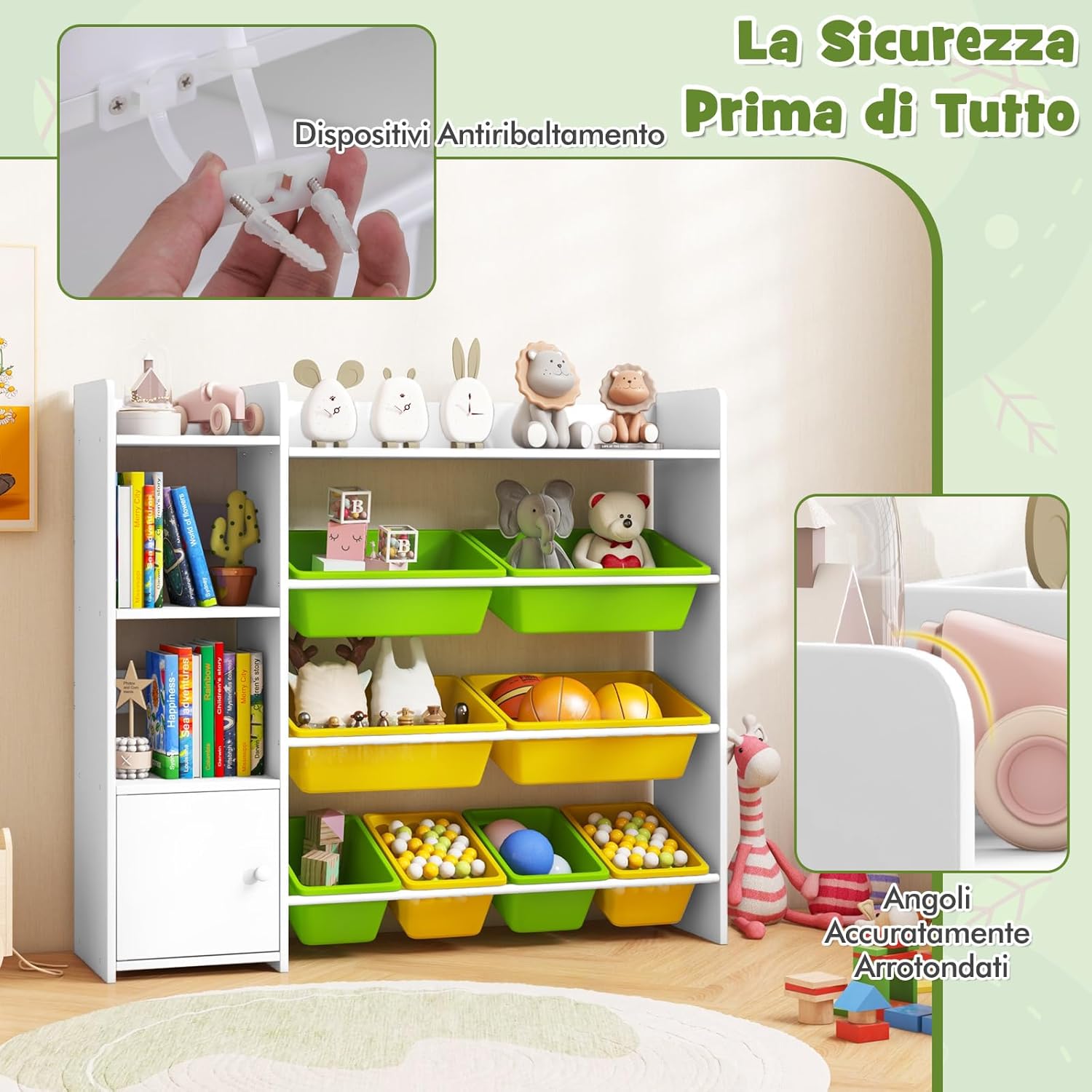 Mobile Porta Giochi per Bambini, Libreria e Scaffale per Giocattoli a 4 Livelli con 8 Contenitori 1 Anta, Libreria Multiuso per Bambini per Cameretta Soggiorno Asilo Nido