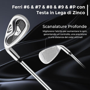 Set Completo di Mazze da Golf per Mancini da Uomo, Borsa Portatile con Supporto e Cappuccio Antipioggia, Include Driver 1 da 460CC, Fairway 3, Ibrido 4, Ferri 6, 7, 8, 9, P e Putter (Grigio)