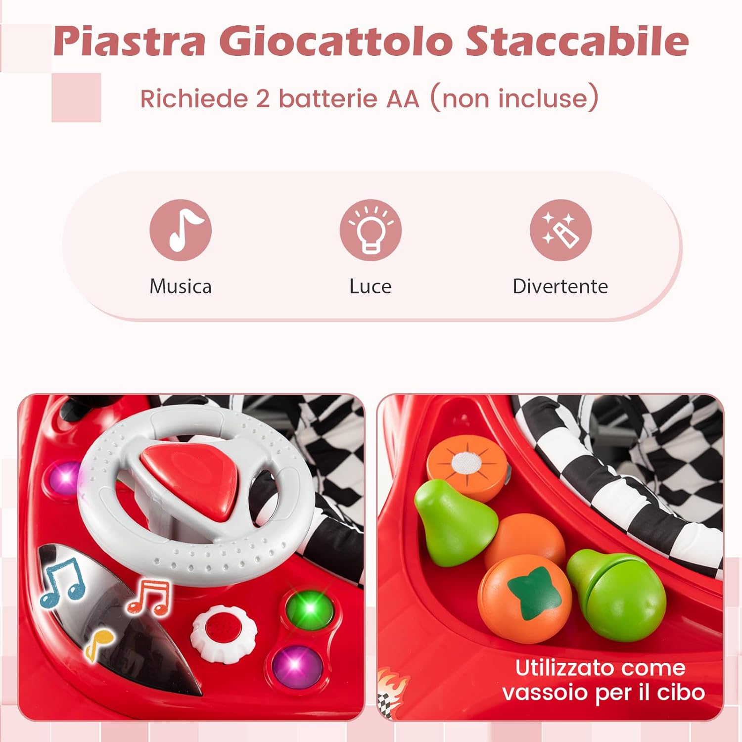 4 in 1 Girello per Bambini, Primi Bassi per Neonati con Altezza Regolabile, Girello Pieghevole con Vassoio Rimovibile, Musica e Luci, per Bambini 6+ Mesi (Rosso)