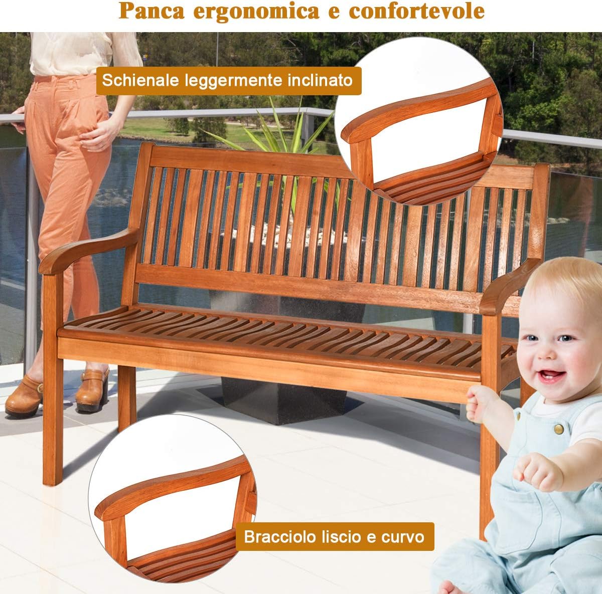 Panchina da Giardino in Legno, Panca per 2 Persone, Schienale Ergonomico, per Cortile Veranda Piscina Balcone, 126 x 63 x 91 cm