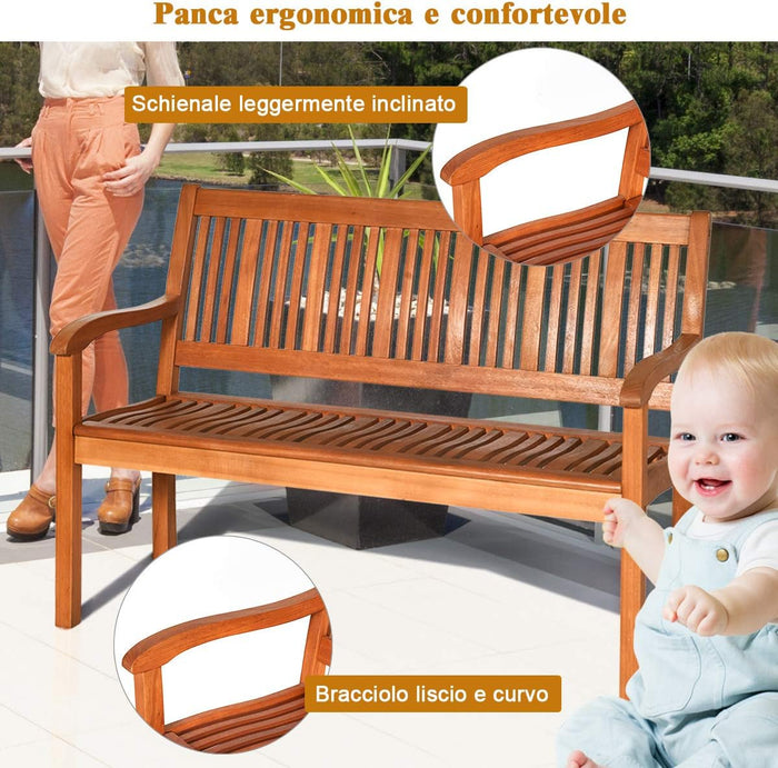 Panchina da Giardino in Legno, Panca per 2 Persone, Schienale Ergonomico, per Cortile Veranda Piscina Balcone, 126 x 63 x 91 cm