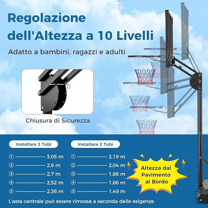 Canestro da Basket da Esterno per Adulti Professionale, Canestro da Basket Portatile e Regolabile 149-305 cm con Tabella Indistruttibile, 2 Ruote, Base Riempibile e Sacchetto di Pesi