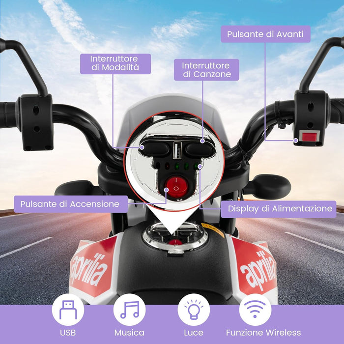 12V Aprilia Moto Cavalcabile per Bambini, Motocicletta Elettrica con Ruote Ausiliarie e Musica Wireless, Sospensione a Molla, Moto Elettrica alla Moda per Bambini 3-8 Anni (Bianco)