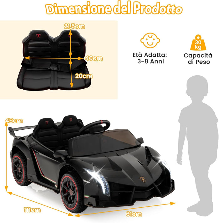 Lamborghini Macchina Elettrica per Bambini, Auto Elettrica Cavalcabile con Telecomando Luci LED, 3 Velocità, 3-6 km/h, Modalità Dondolo, per Bambini 3-8 Anni (Nero)