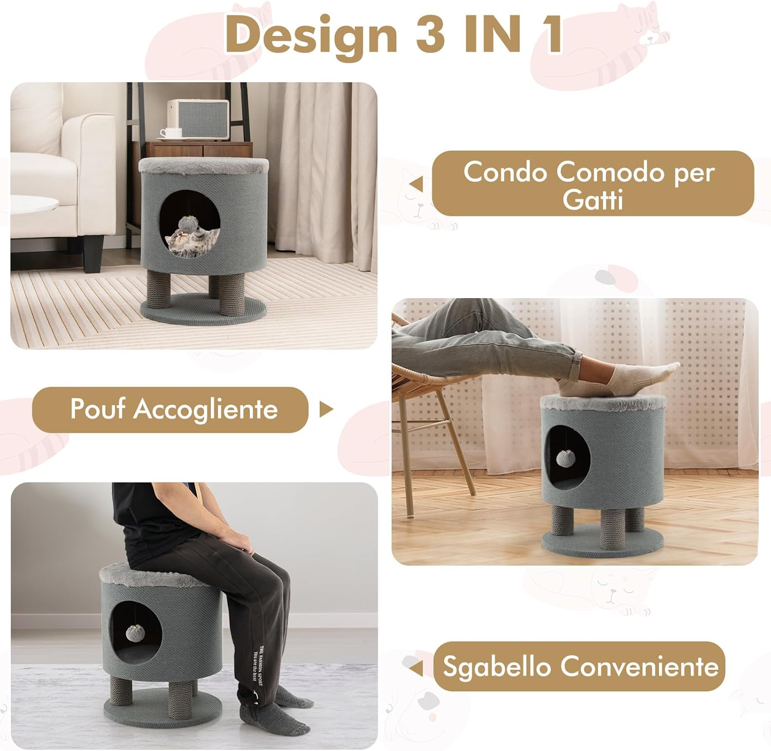 Casetta per Animali Domestici, Cuccia per Gatti con Pali Tiragraffi e Pallina di Peluche, Mobile Multiuso 3-IN-1 per Gatti Piccoli e Medi (Grigio)