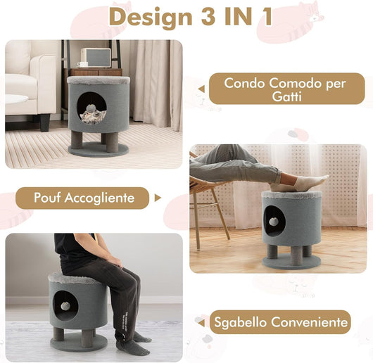 Casetta per Animali Domestici, Cuccia per Gatti con Pali Tiragraffi e Pallina di Peluche, Mobile Multiuso 3-IN-1 per Gatti Piccoli e Medi (Grigio)