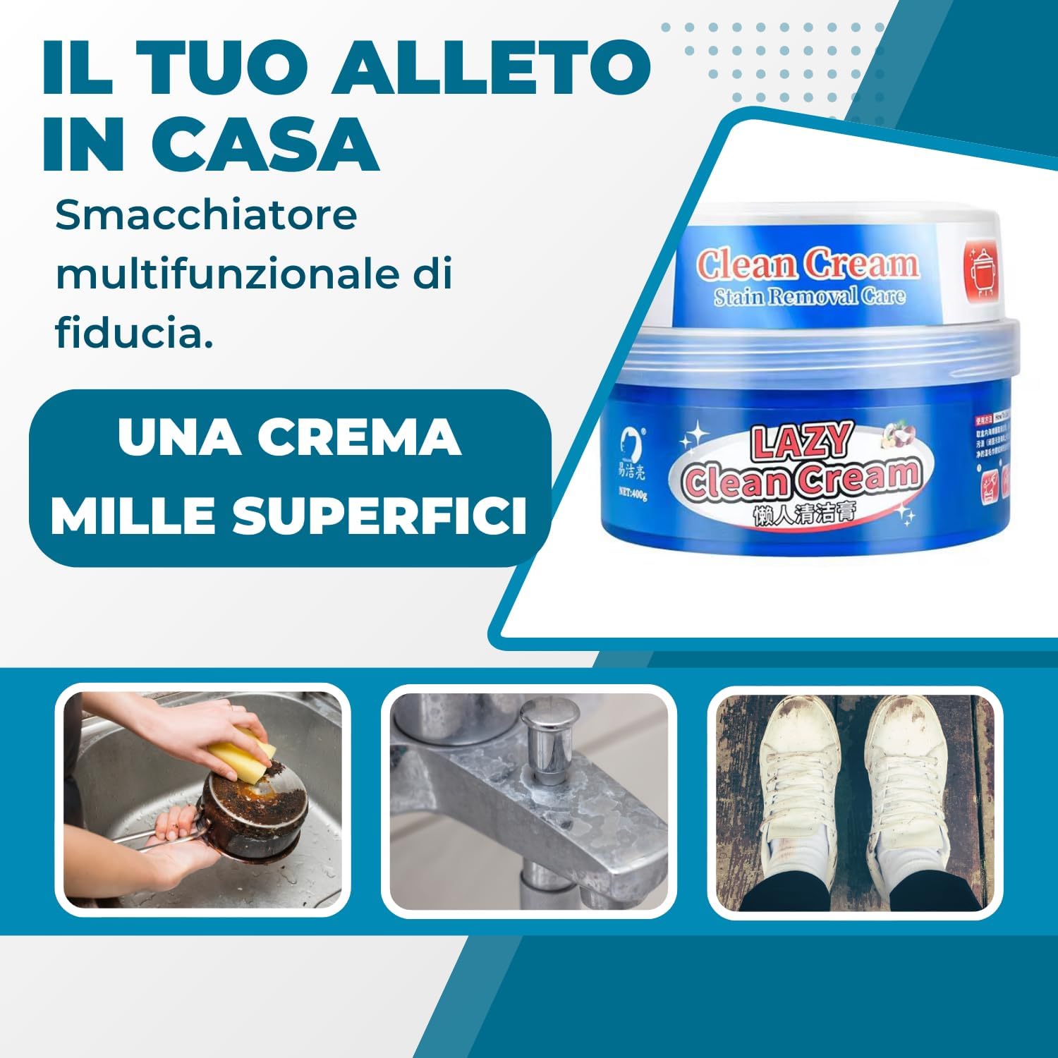 Pasta Pulente Multiuso 400g, con Spugna + Panno Magico Microfibra, Anticalcare Doccia, Azione Antigoccia, Brilla Acciaio, Vetri e Superfici, Detergente Universale Biodegradabile.