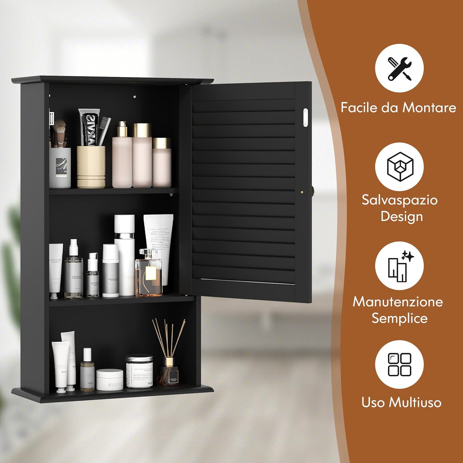 Armadio del Bagno Montato a Muro, Mensola Interna Regolabile, Struttura in MDF di Qualità, Pratico e Salva Spazio, Design Unico (Nero)