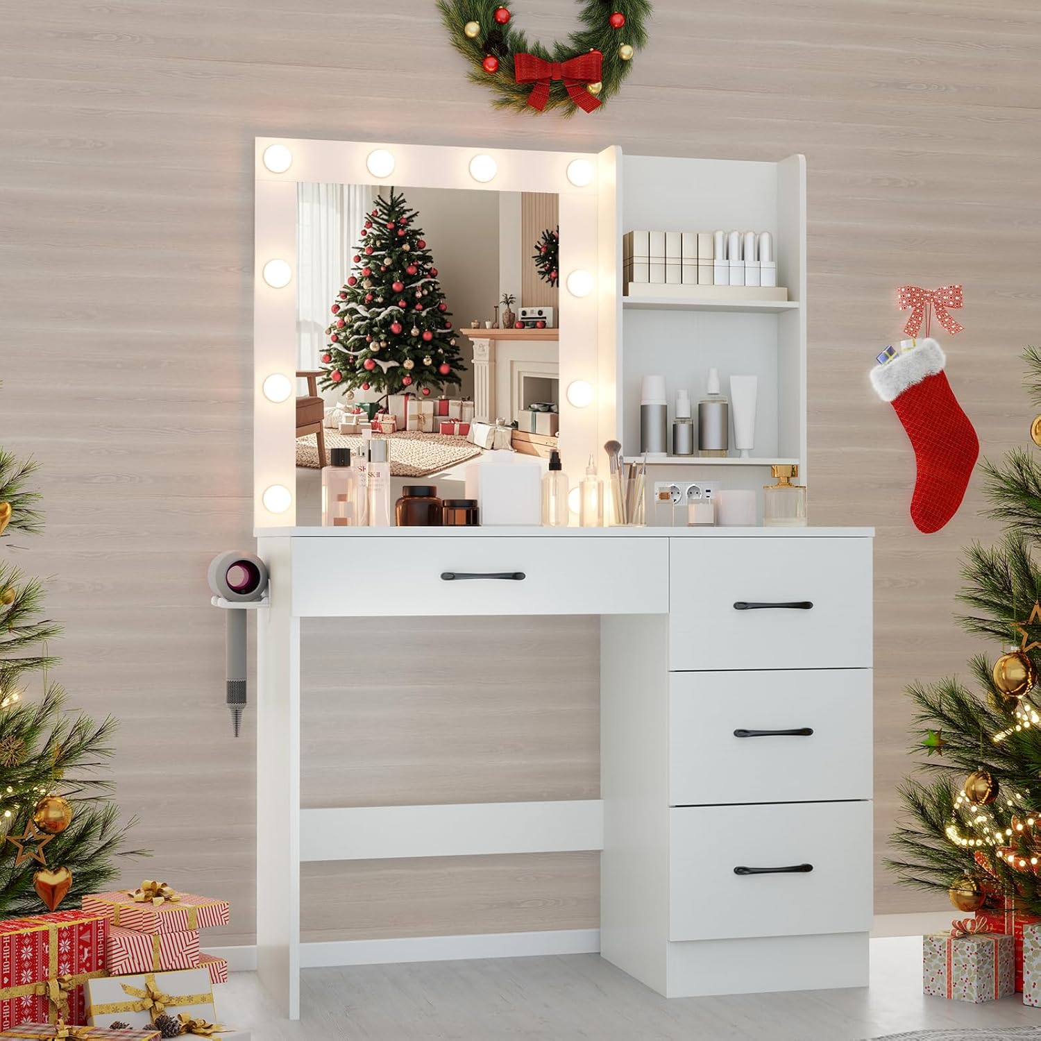 Toeletta da Trucco con Specchio, Tavolo da Trucco con Stazione di Ricarica, Luci LED a 3 Colori, Tavolo da Trucco con 4 Cassetti, 2 Ripiani, per Camera da Letto, Soggiorno