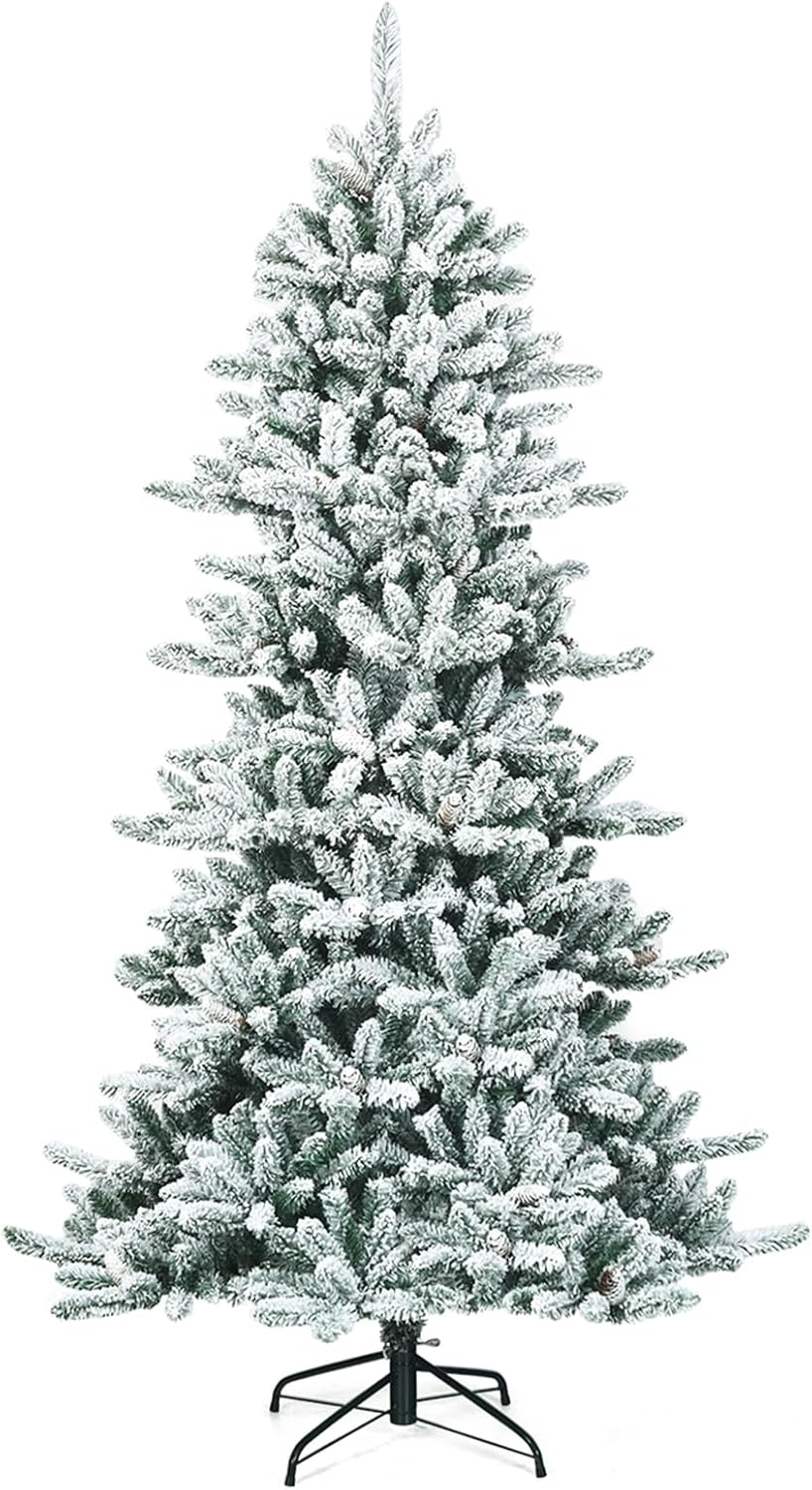 Albero di Natale Innevato 210 cm, Albero di Natale con 1108 Rami Densi, Pigne Bianche e Base in Ferro, Albero di Natale Artificiale e Realistico per Casa, Negozio e Ufficio