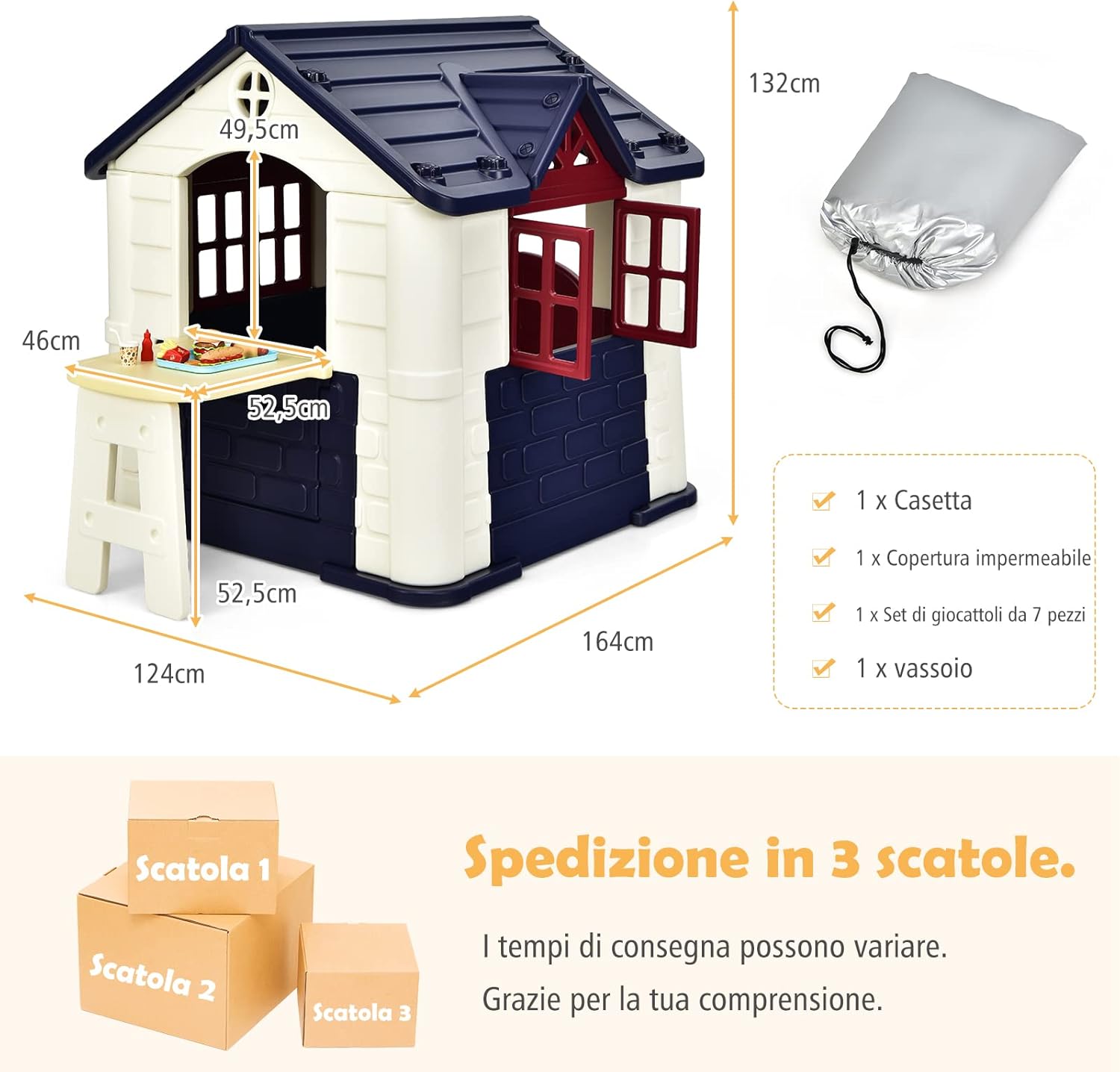 Casetta per Bambini con Porte e Finestre, Casetta Giocattolo con Tavolo, Set Giocattolo con 7 Pezzi, Ideale per Bambini 3-8 Anni, 164x124x132 cm (Blu)