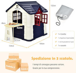 Casetta per Bambini con Porte e Finestre, Casetta Giocattolo con Tavolo, Set Giocattolo con 7 Pezzi, Ideale per Bambini 3-8 Anni, 164x124x132 cm (Blu)