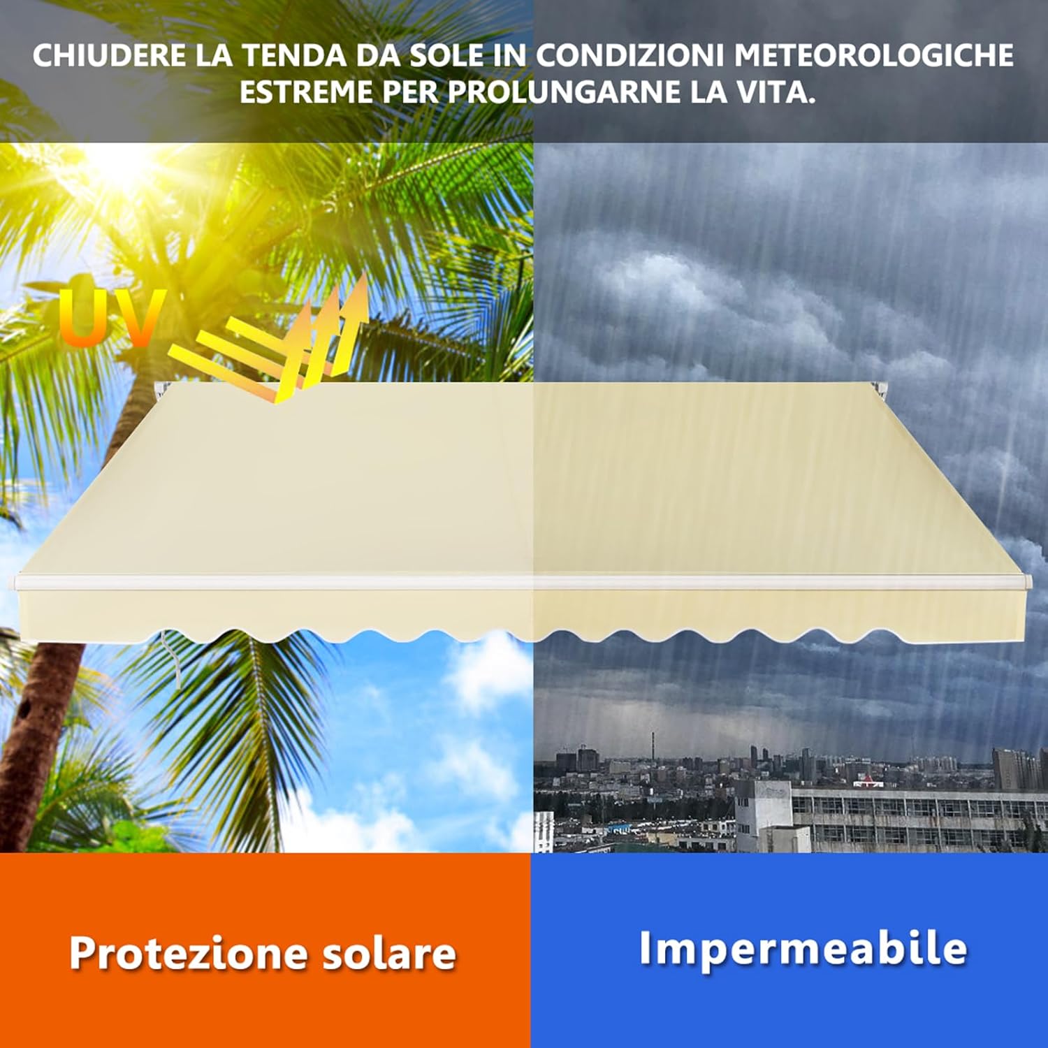 Tenda da Sole per Esterno Avvolgibile 3 x 2,5 M, Tenda da Sole a Bracci Estensibili con Telaio in Alluminio, Tettuccio Resistente al Sole e Impermeabile e Manovella (3 x 2,5 m, Beige)