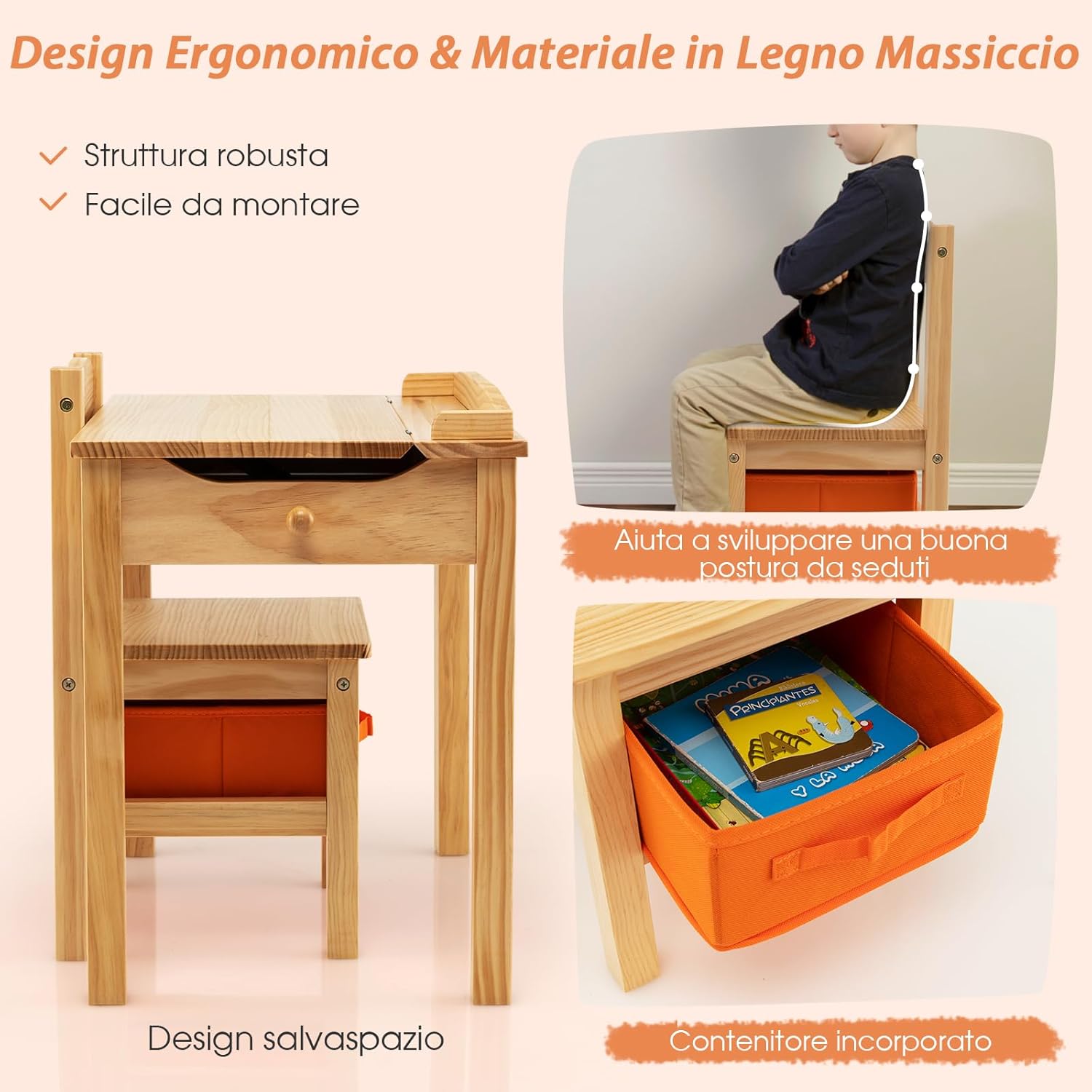 Set Tavolo e Sedia per Bambini, Scrivania Ribaltabile con Sedia per Bambini in Legno, con Cassetto e Gancio Estraibile, Bianco/Naturale (Naturale)