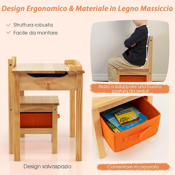 Set Tavolo e Sedia per Bambini, Scrivania Ribaltabile con Sedia per Bambini in Legno, con Cassetto e Gancio Estraibile, Bianco/Naturale (Naturale)