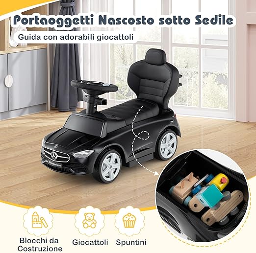 3 in 1 Auto a Spinta, Mercedes-Benz Macchina Cavalcabile, con Schienale Regolabile Suono Barra di Spinta e Tettuccio, per Bambini 18-36 Mesi (Nero)