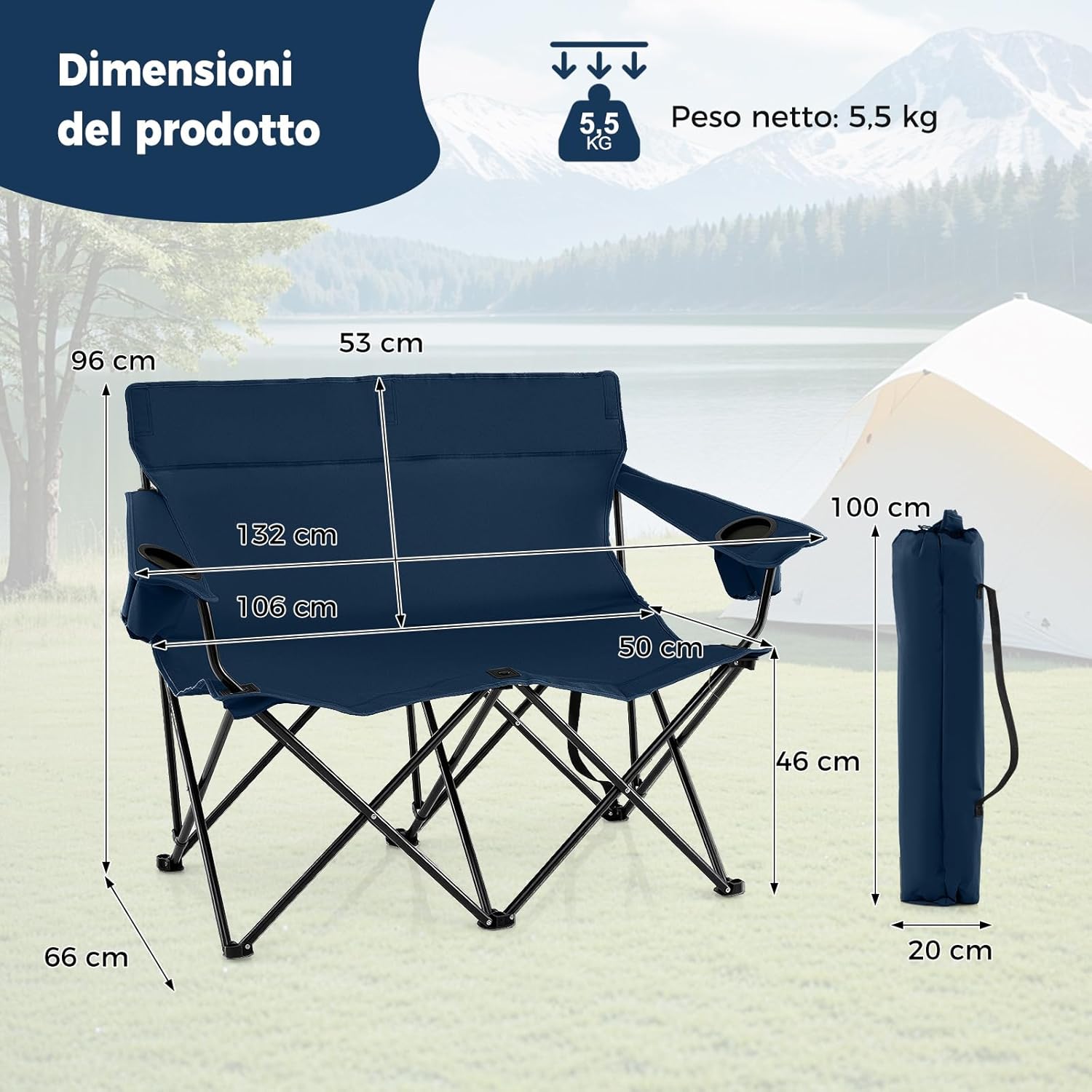 Sedia da Campeggio Doppia, Poltrona Pieghevole per 2 Persone con Portabicchieri, Borsa per il Trasporto, Sedia da Giardino Portatile per Spiaggia, Picnic, Pesca, Portata 300 kg (Blu)