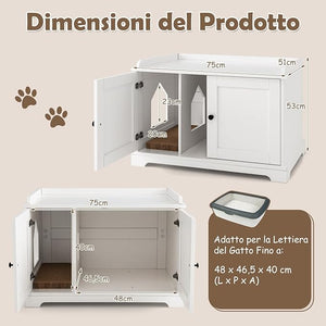 Mobile per Lettiera per Gatti, Casetta per Gatti con Tiragraffi, Divisorio Regolabile, Ante e Ingresso Laterale, Mobiletto Versatile e Moderno per Salotto, 75 x 51 x 53 cm, Bianco