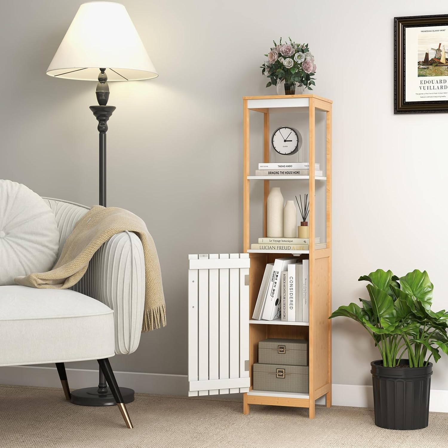 Armadio da Bagno, Mobile Alto 129 cm con Anta, Mobile Salvaspazio e Multiuso in Bambù con Ripiani Regolabili, per Soggiorno Bagno