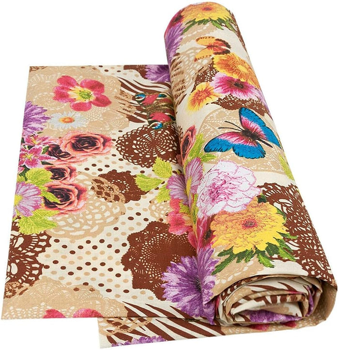Telo Arredo Copritutto 270x280 cm Letto Poltrona Copridivano Cotone Cuoricini Fiori e Farfalle Beige