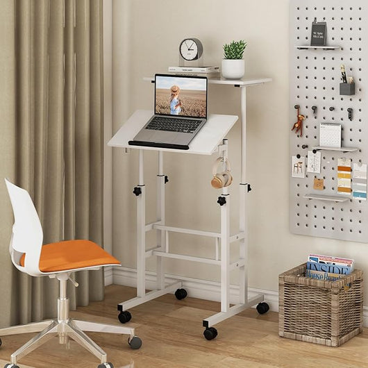 Scrivania per Computer Regolabile in Altezza, Scrivania Salvaspazio con Ruote e Ganci, Tavolo Porta PC per Studio e Ufficio, 60 x 60 x 72-124 cm (Bianco)