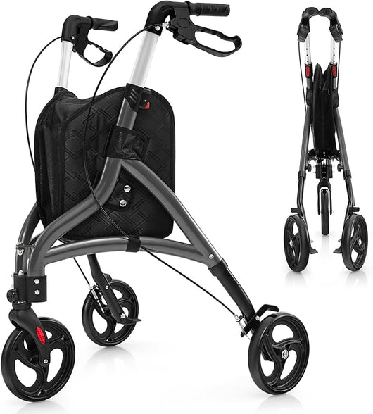Deambulatore per Anziani in Alluminio Ultraleggero a 3 Ruote, Rollator per Anziani Pieghevole e Regolabile in 6 Livelli 86-96 cm con Borsa e Ruote Bloccabili, Portata 136 kg (Grigio)