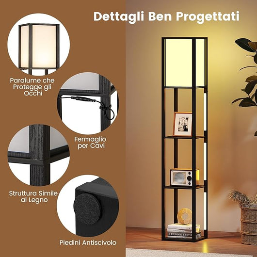 Lampada da Terra Moderna con Scaffali, Lampada a Mensola in Legno con 3 Strisce LED, Paralume, Luminosità Regolabile e Interruttore a Pedale, Scaffale Autoportante con Luce