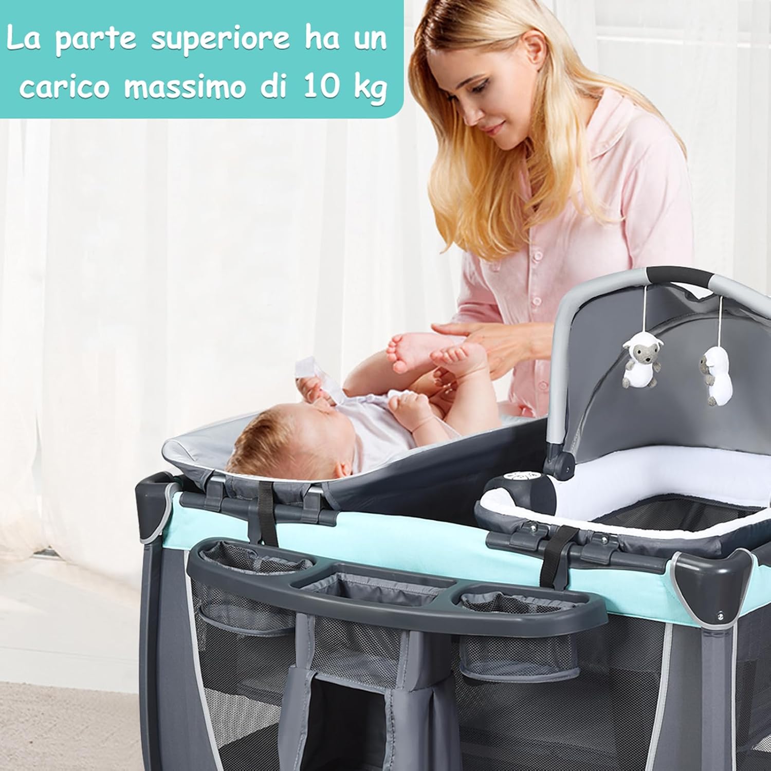4 in 1 Lettino Neonato da Viaggio Pieghevole con Materasso, Culla da Campeggio con Fasciatoio e Giocattolo, per Bambini 0-36 Mesi fino a 15 kg (Grigio-Azzurro)