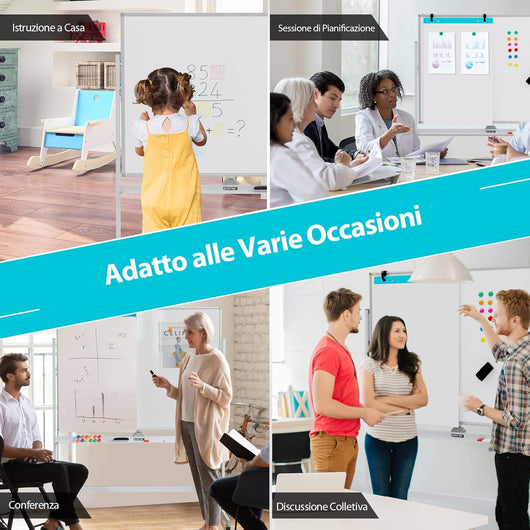 Lavagna Bianca Magnetica Doppia, Lavagna Bianca Regolabile in Altezza e Ruote Bloccabili, 6 Pennarelli, 12 Calamite e 1 Cancellino, Ideale per Casa Ufficio e Scuola, 126 x 53,5 x 160-180 cm