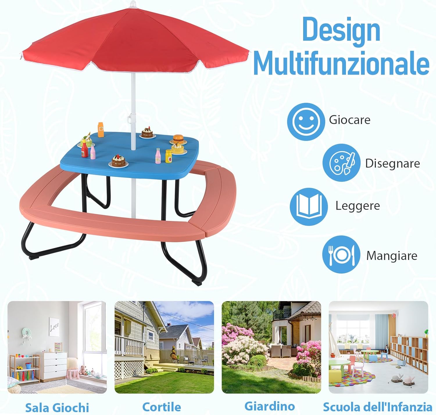 Tavolo da Picnic per Bambini con 8 Posti 125 × 125 × 100-160 cm, Tavolino Bambini in HDPE con Ombrellone Regolabile e Pieghevole, Struttura in Metallo e 4 Panchine (tavolo blu)