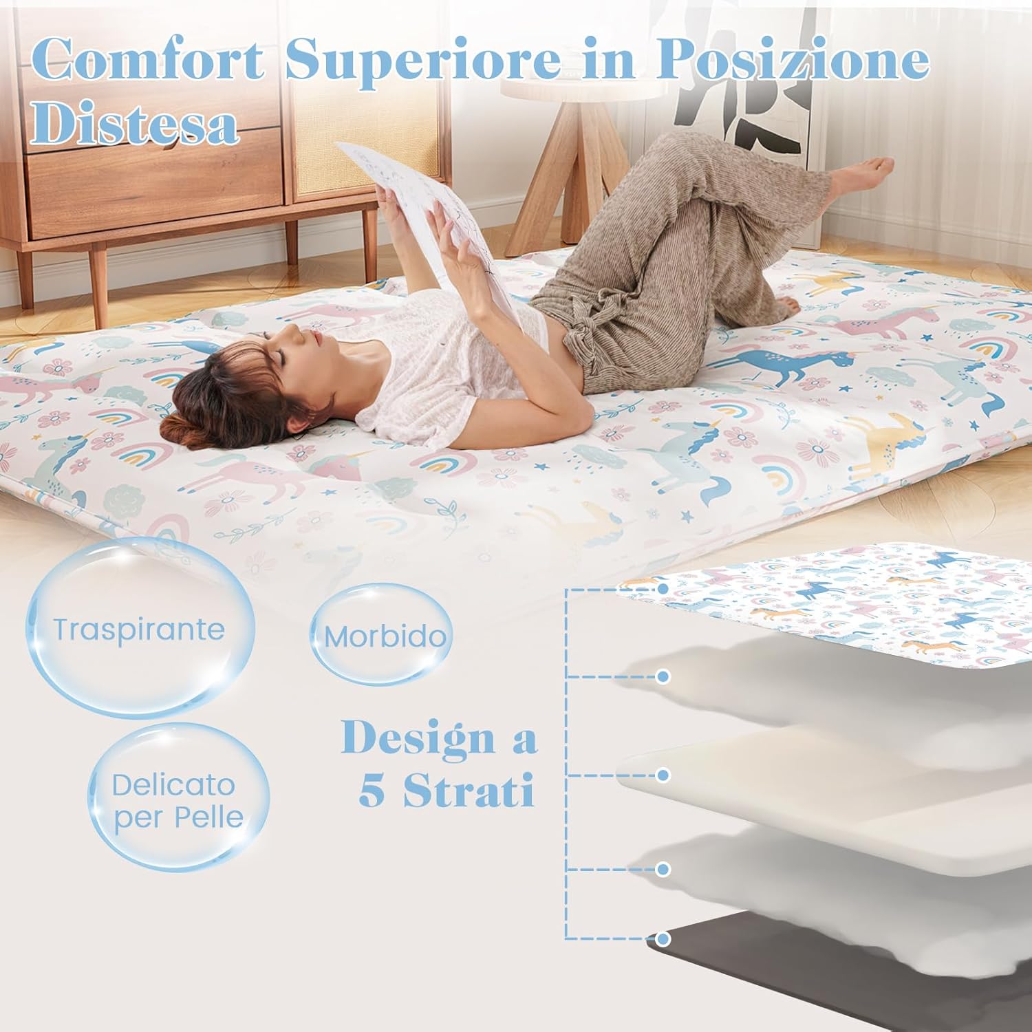 Materasso Futon Pieghevole, Materasso Portatile con Sacca da Trasporto per Camping, Materasso da Terra con Copertura Lavabile (Colorato,200 x 140 cm)