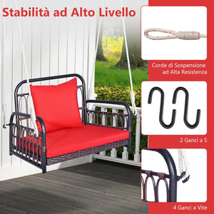 Altalena da Giardino in Rattan PE, Sedia Pensile con Cuscino e Schienale, Altalena per Portico con Telaio Metallico e 2 Corde, Portata 180 kg, per Giardino (Rosso)