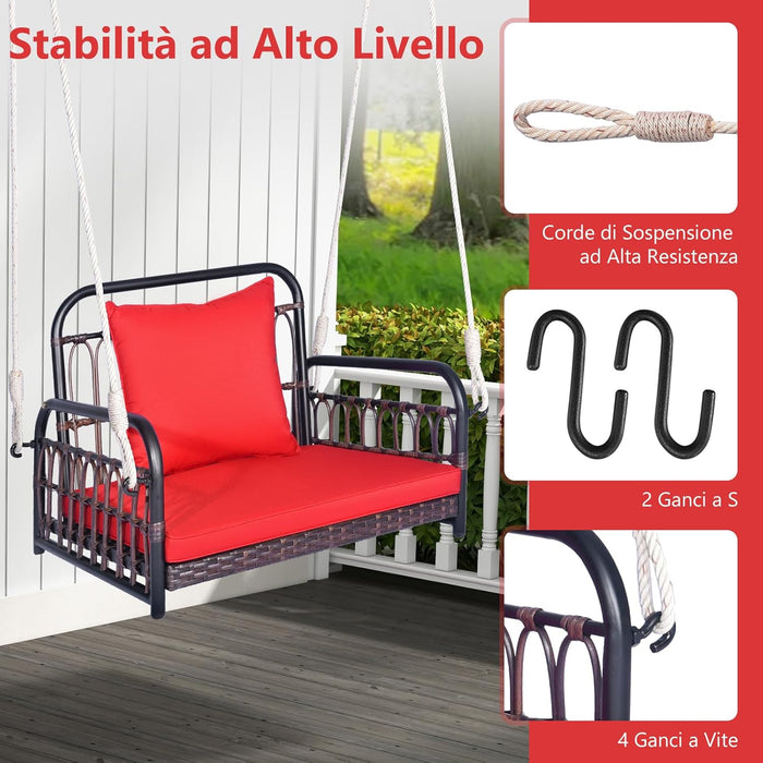 Altalena da Giardino in Rattan PE, Sedia Pensile con Cuscino e Schienale, Altalena per Portico con Telaio Metallico e 2 Corde, Portata 180 kg, per Giardino (Rosso)