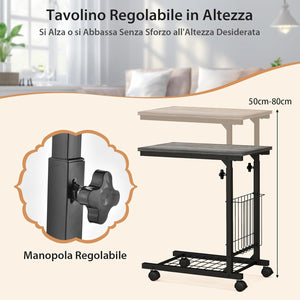 Tavolino da Salotto Moderno, Tavolino Basso Regolabile in Altezza con Ruote e Cestino Portaoggetti, Tavolino Porta PC a Forma di C da Divano e Letto per Soggiorno e Camera da Letto (Grigio)