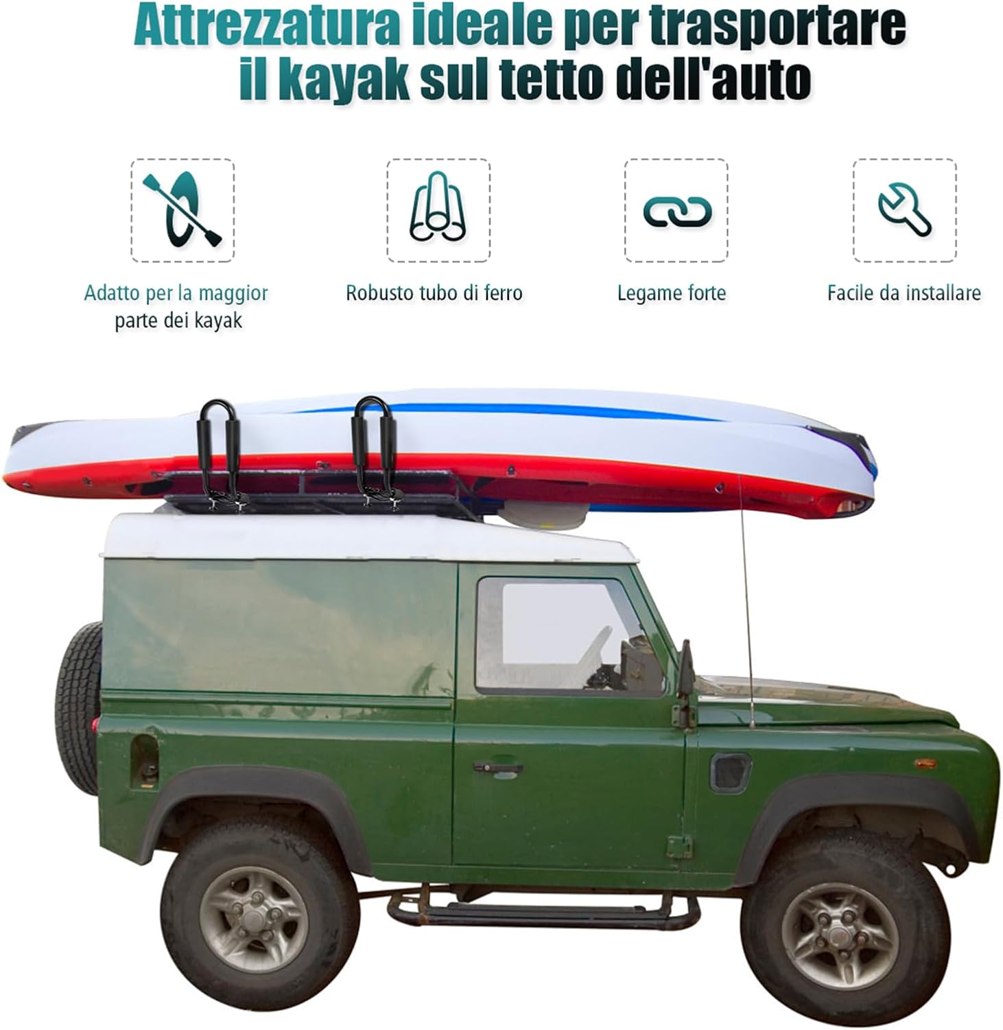 4 Pezzi Supporto da Portapacchi per Auto Porta Kayak per Tetto dell'Auto a Forma U con 4 Cinghie Incluse