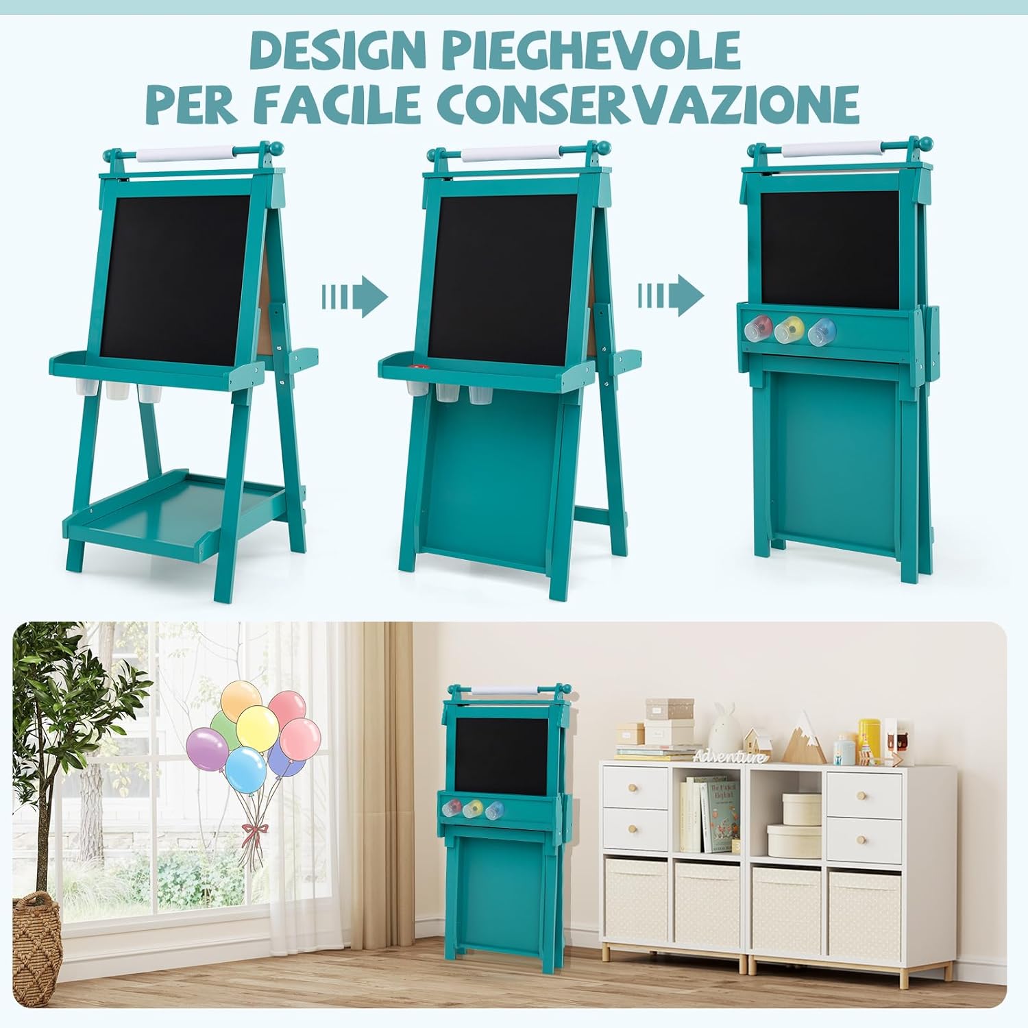 Lavagna per Bambini 3 in 1, Lavagna Magnetica con Lavagna Bifacciale, Rotolo di Carta, Vassoi Portaoggetti e 3 Bicchieri per Pittura, Cavalletto in Legno per Bambini 3+ Anni (Verde)