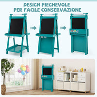 Lavagna per Bambini 3 in 1, Lavagna Magnetica con Lavagna Bifacciale, Rotolo di Carta, Vassoi Portaoggetti e 3 Bicchieri per Pittura, Cavalletto in Legno per Bambini 3+ Anni (Verde)