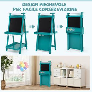 Lavagna per Bambini 3 in 1, Lavagna Magnetica con Lavagna Bifacciale, Rotolo di Carta, Vassoi Portaoggetti e 3 Bicchieri per Pittura, Cavalletto in Legno per Bambini 3+ Anni (Verde)