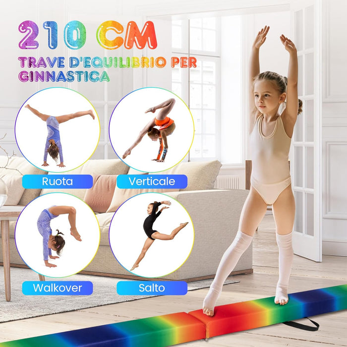 Trave Ginnastica Artistica per Casa 210/240 cm, Trave Pieghevole per Bambini con Maniglia, Base in Legno e Fondo Antiscivolo, Trave di Equilibrio da Pavimento