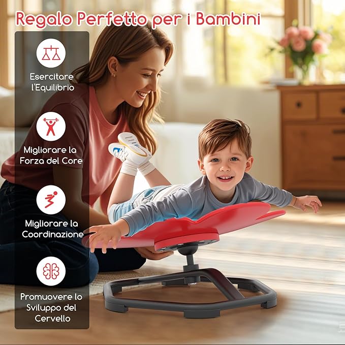 Sedia Girevole a 360° per Bambini, Sedia Sensoriale con Base in Metallo Antiscivolo per Allenare la Coordinazione Fisica e l'Equilibrio, Giocattolo per Cameretta (Rosso,Fiore)