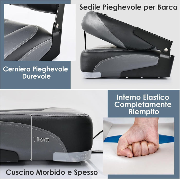 Set di 2 Sedie da Barca, Sedie per Barca Con Schienale Basso, Sedia da Barca Pieghevole, con Schiuma Spessa, Cinghia di Fissaggio, 50 x 42 x 52 cm (Grigio+Nero)