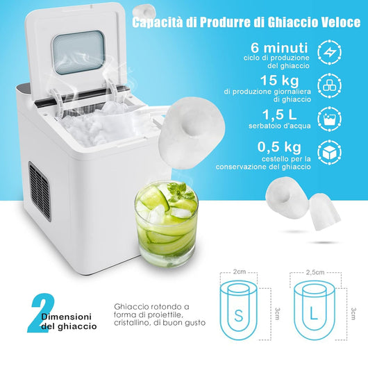 Macchina del Ghiaccio 15kg/24h, Fabbricatore di Ghiaccio con Funziona Autopulizia e Touch, Schermo a LED, Ideale per Casa Ristorante e Bar (Bianco)