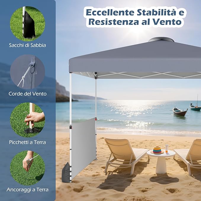 Gazebo Pieghevole 3 x 3 m da Esterno Impermeabile, Gazebo da Esterno con Borsa da Trasporto con Ruote, Tenda Pop-up Regolabile in Altezza per Giardino, Spiaggia, Feste e Barbecue (Grigio)