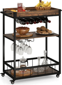 Carrello da Cucina a 3 Ripiani, Carello in Legno con 4 Ruote Universali a Freno e Vasoio Rimovibile, Carrello con Supporti per Bicchieri e Bottiglie di Vino, 84 x 40 x 90 cm, Marrone Rustico