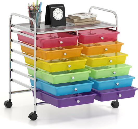 Carrello di Stoccaggio con 12 Cassetti, Carrello portaoggetti con 4 Ruote, Carrello Multiuso per Scuola Ufficio Cucina, 64 x 38 x 62 cm (12 cassetti Arcobaleno)