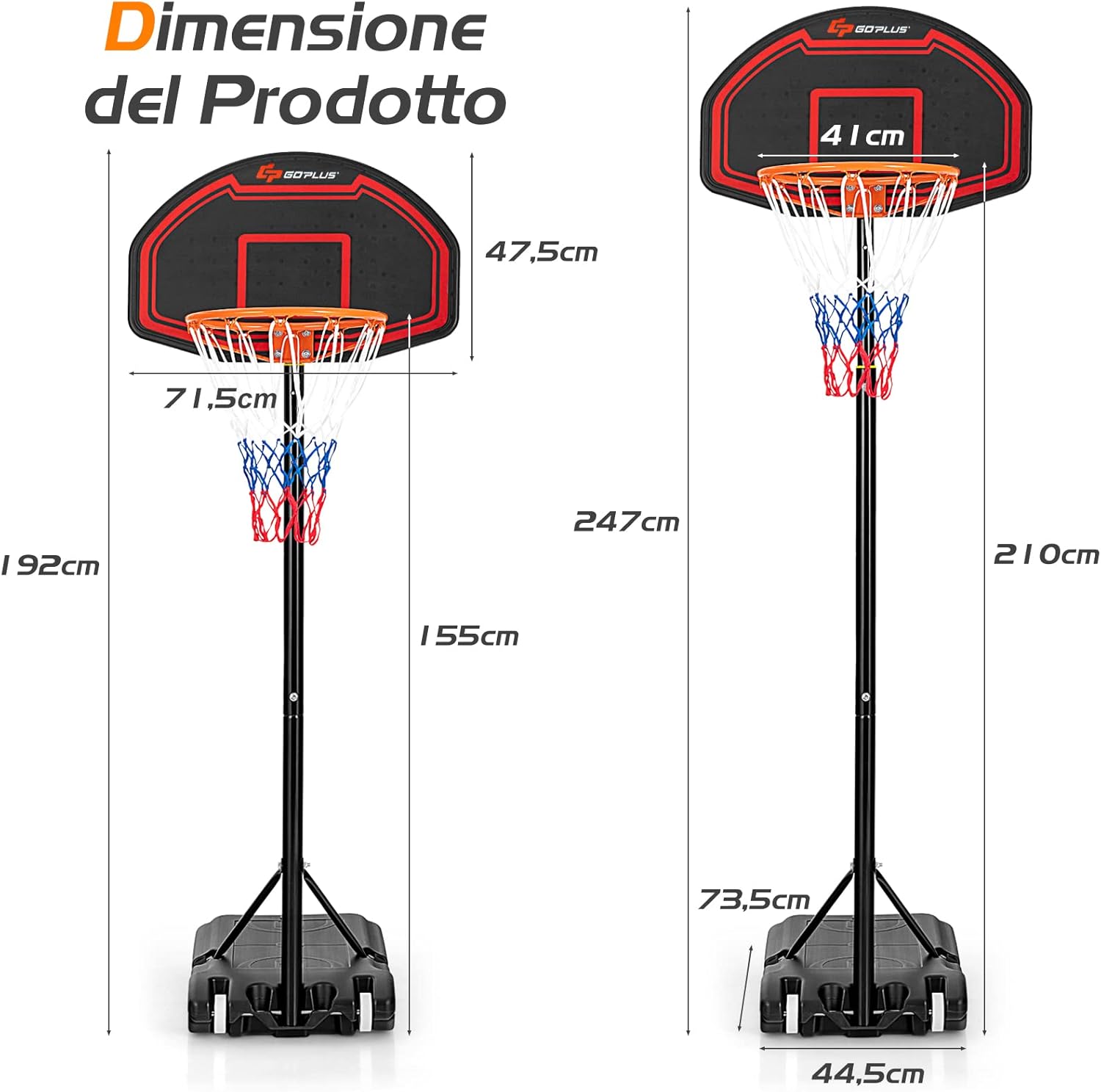 Canestro da Basket Bambini da Esterno, Canestro da Basket Regolabile in 5 Altezze e Portatile con Rete Durevole e Tabellone Infrangibile, 44,5 x 73,5 x 155-210 cm